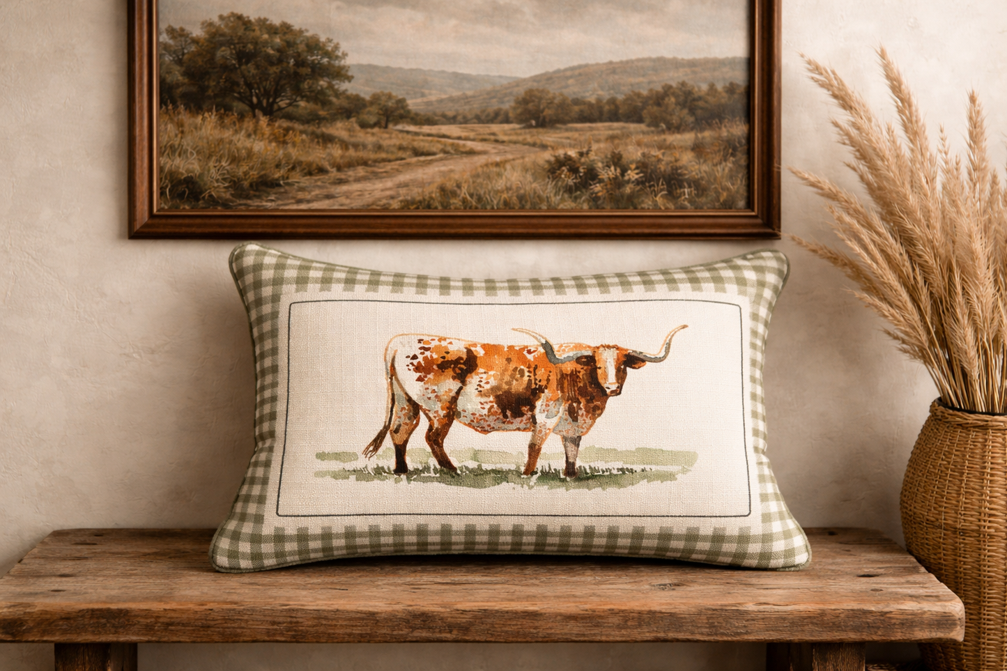 Gingham Longhorn Pillow